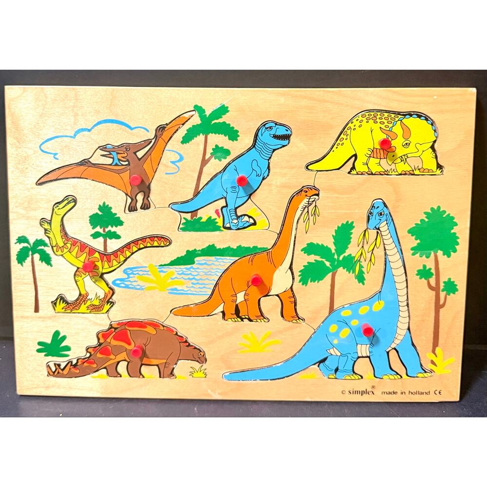 Simplex Holland Vintage Dinosaur 7 piece peg wooden Puzzle 1980’s